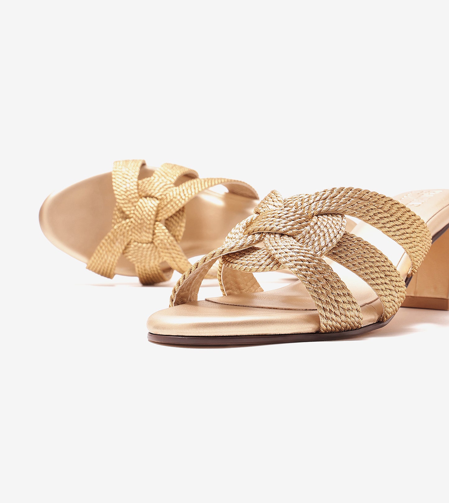 Braided Crossover Block Heels - Light Gold