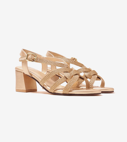 Interwoven Strap Block Heel Sandals - Light Gold