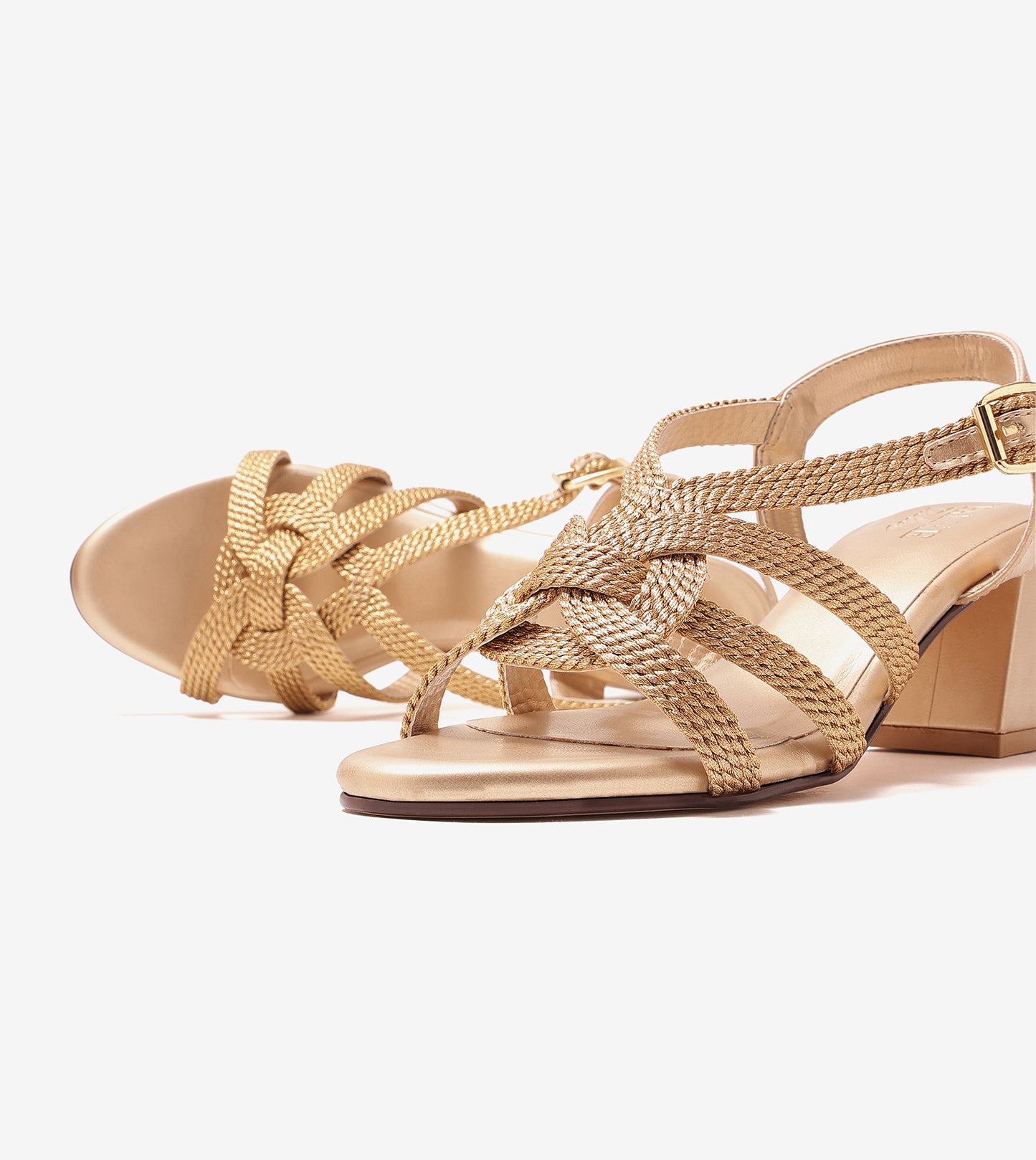 Interwoven Strap Block Heel Sandals - Light Gold