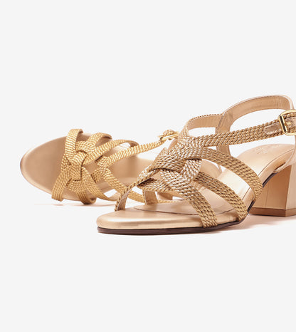 Interwoven Strap Block Heel Sandals - Light Gold