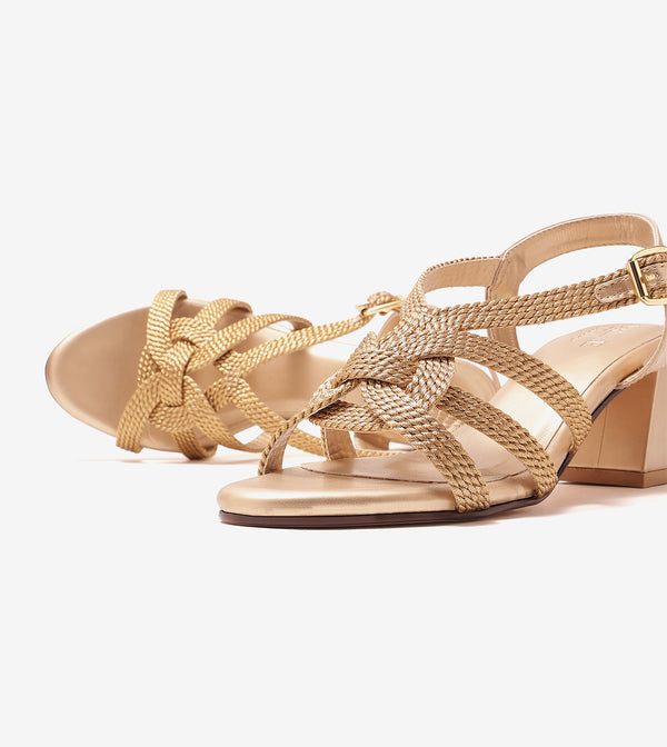 Interwoven Strap Block Heel Sandals - Light Gold