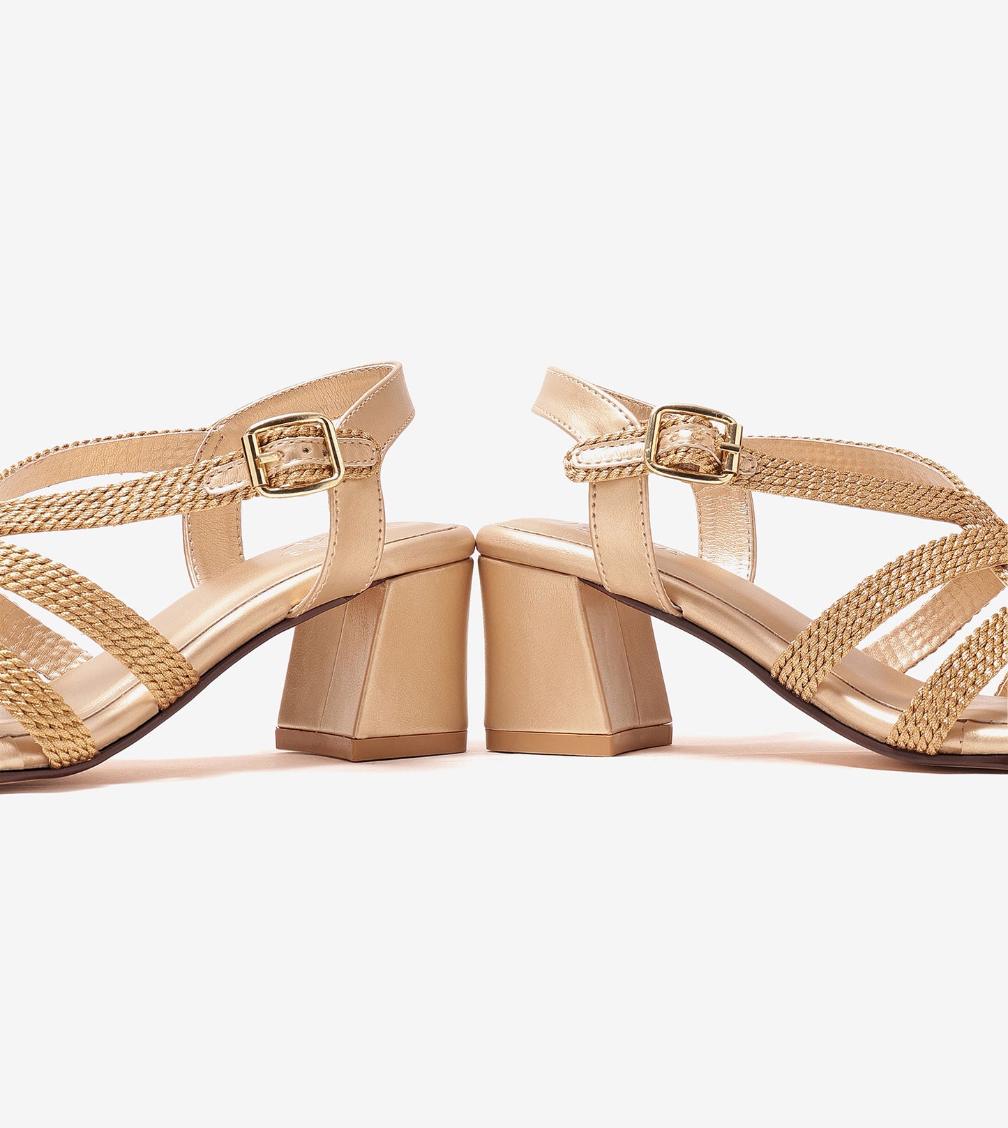 Interwoven Strap Block Heel Sandals - Light Gold