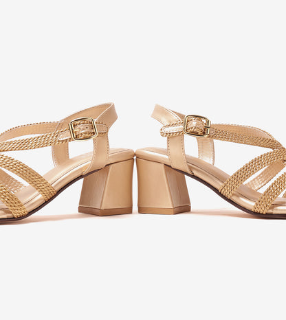 Interwoven Strap Block Heel Sandals - Light Gold
