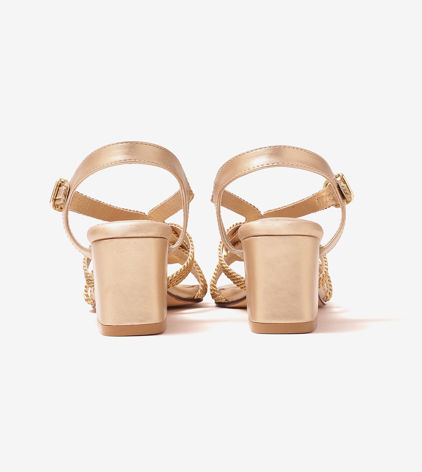 Interwoven Strap Block Heel Sandals - Light Gold