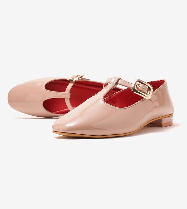 Classic Buckled Strap Mary Jane Flats - Nude