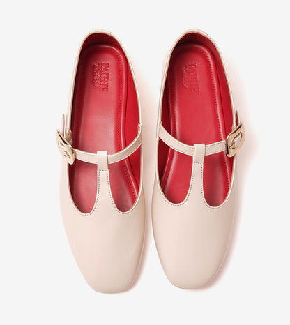 Classic Buckled Strap Mary Jane Flats - Cream