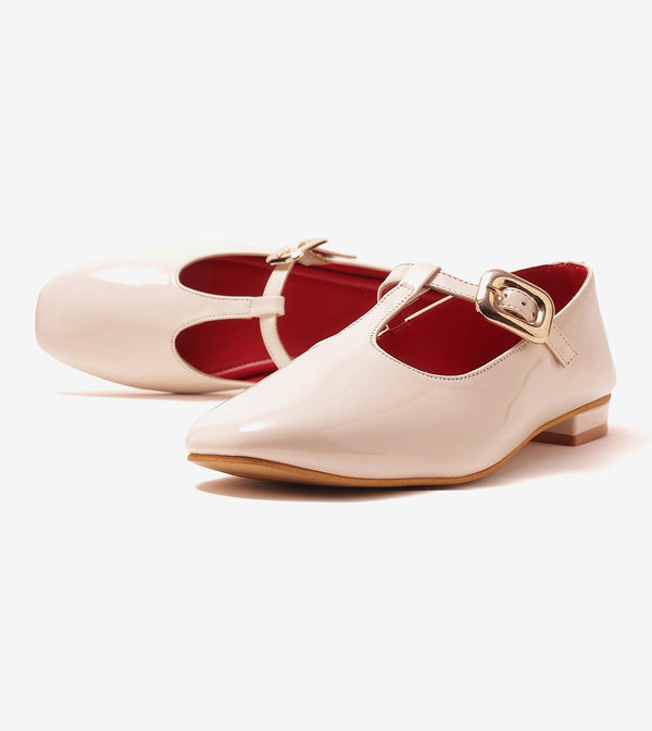 Classic Buckled Strap Mary Jane Flats - Cream