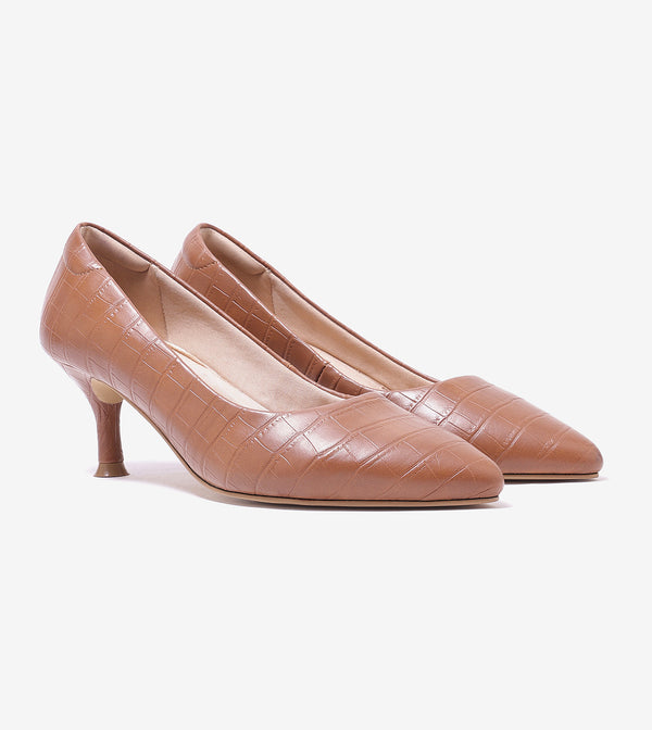 Textured Pointed Toe Pumps - Tan