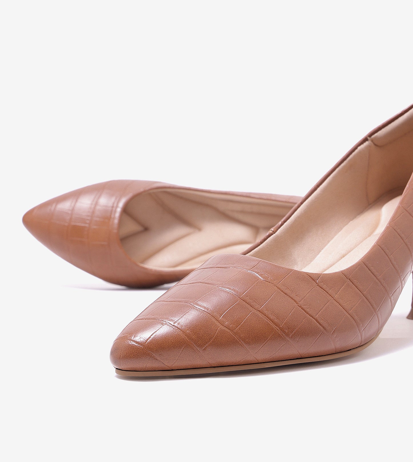 Textured Pointed Toe Pumps - Tan