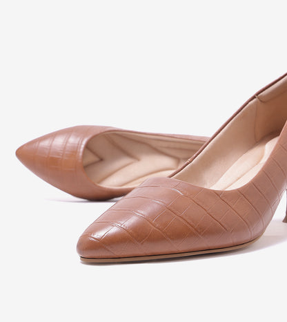 Textured Pointed Toe Pumps - Tan