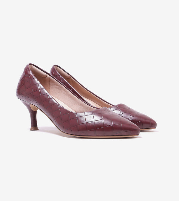 Textured Pointed Toe Pumps - Wine