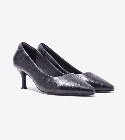 Textured Pointed Toe Pumps - Black