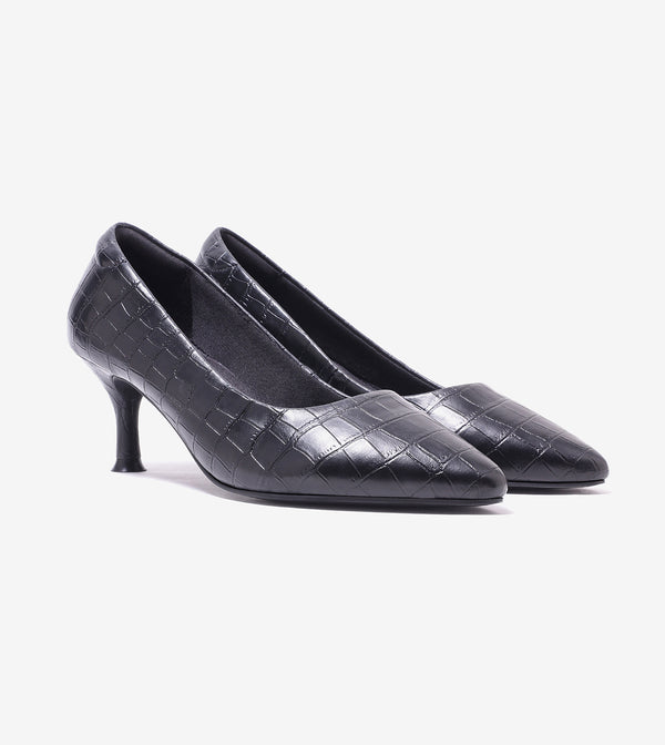 Textured Pointed Toe Pumps - Black