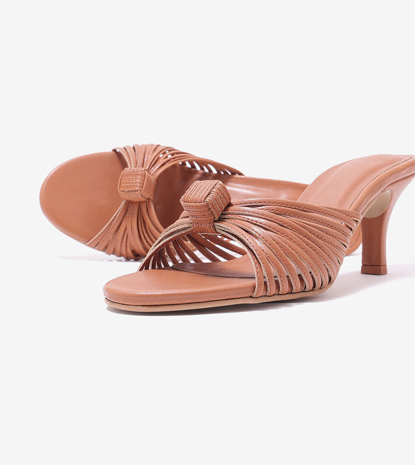 Knotted Stiletto Mules - Tan