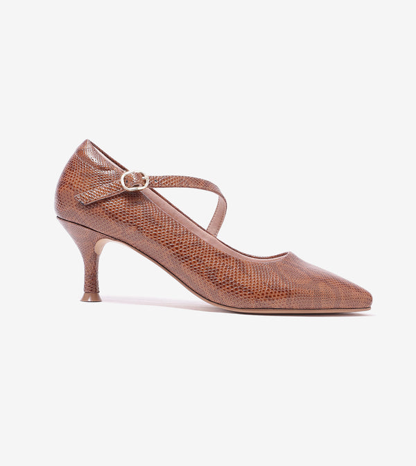 Textured Pointed-Toe Mary Jane Pumps - Brown