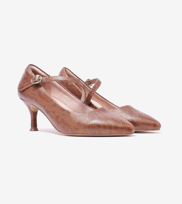 Textured Pointed-Toe Mary Jane Pumps - Brown