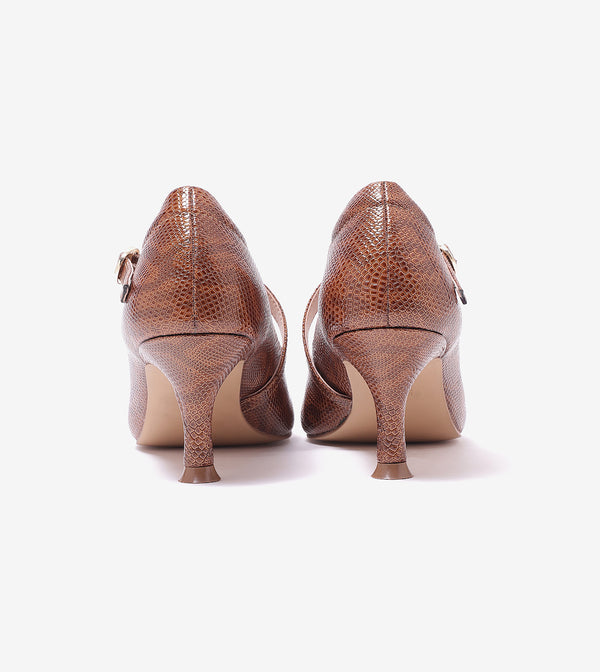 Textured Pointed-Toe Mary Jane Pumps - Brown