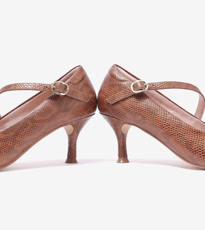 Textured Pointed-Toe Mary Jane Pumps - Brown