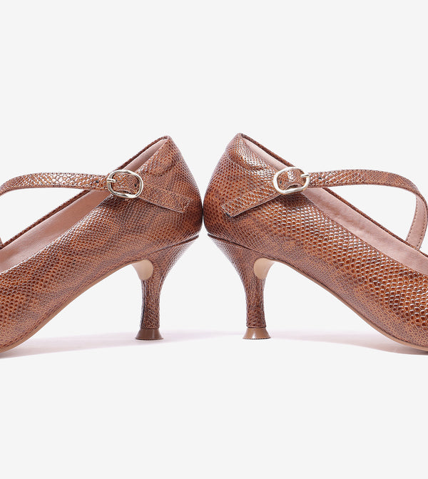 Textured Pointed-Toe Mary Jane Pumps - Brown