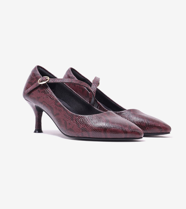 Textured Pointed-Toe Mary Jane Pumps - Mauve