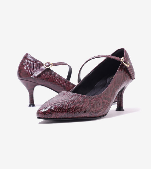 Textured Pointed-Toe Mary Jane Pumps - Mauve