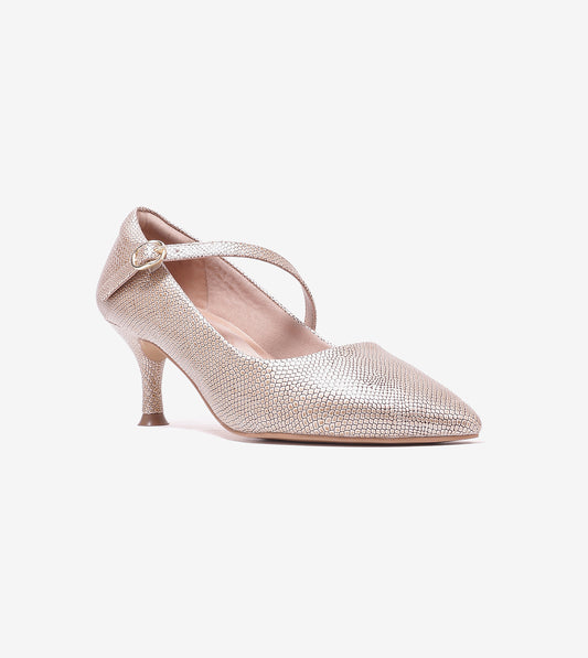 Textured Pointed-Toe Mary Jane Pumps - Golden