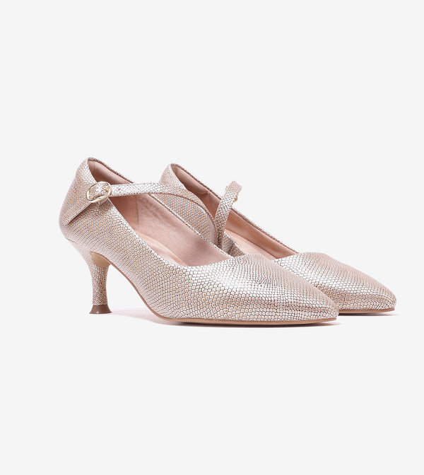 Textured Pointed-Toe Mary Jane Pumps - Golden