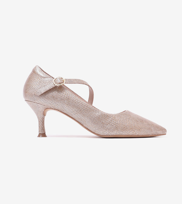 Textured Pointed-Toe Mary Jane Pumps - Golden