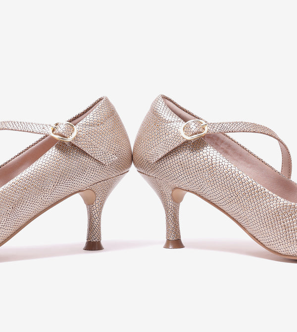 Textured Pointed-Toe Mary Jane Pumps - Golden