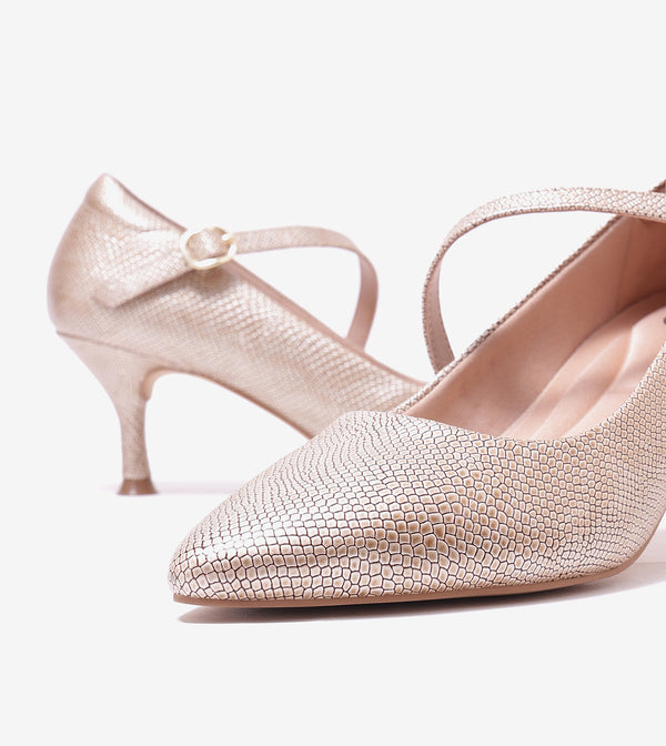 Textured Pointed-Toe Mary Jane Pumps - Golden