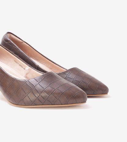 Textured Pointed Toe Pumps - Brown