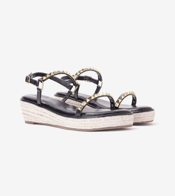 Studded Espadrille Wedges - Black
