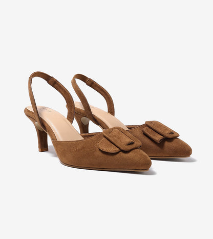 Slingback Pointed Toe buckle detail heels - Brown