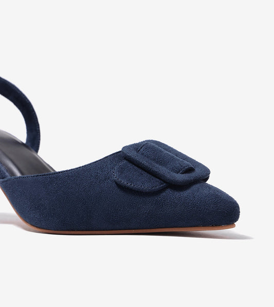 Slingback Pointed Toe buckle detail heels - Navy