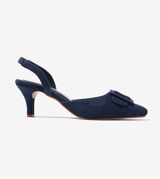 Slingback Pointed Toe buckle detail heels - Navy
