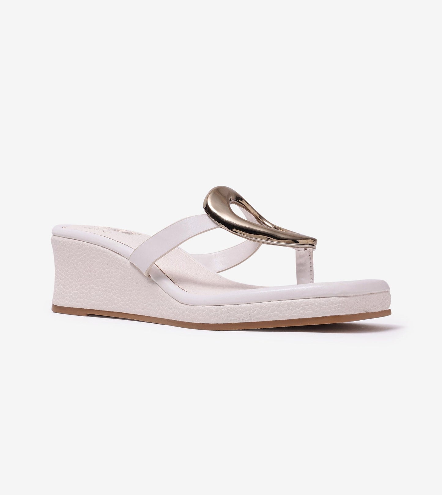 Golden Trim T-Strap Wedges - White