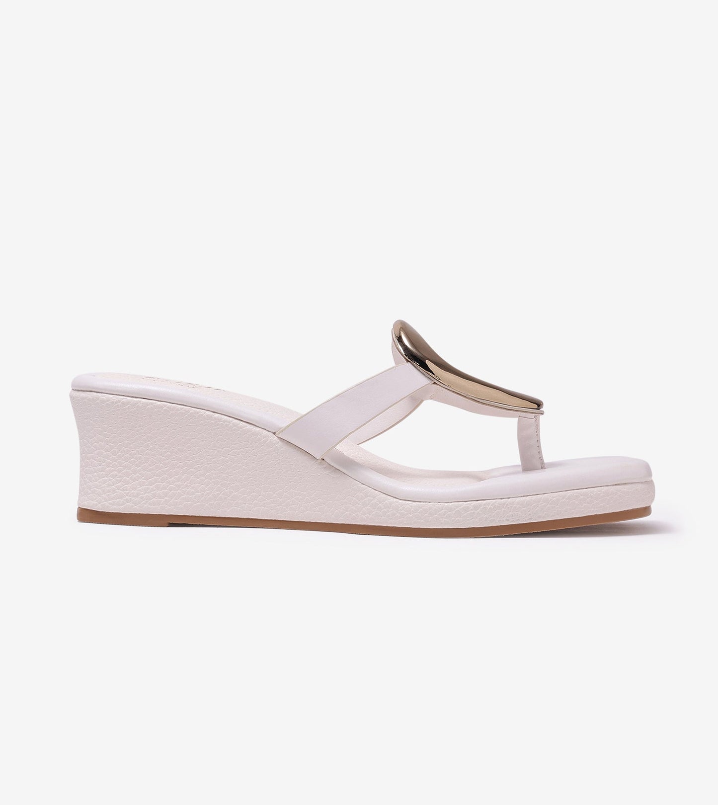 Golden Trim T-Strap Wedges - White
