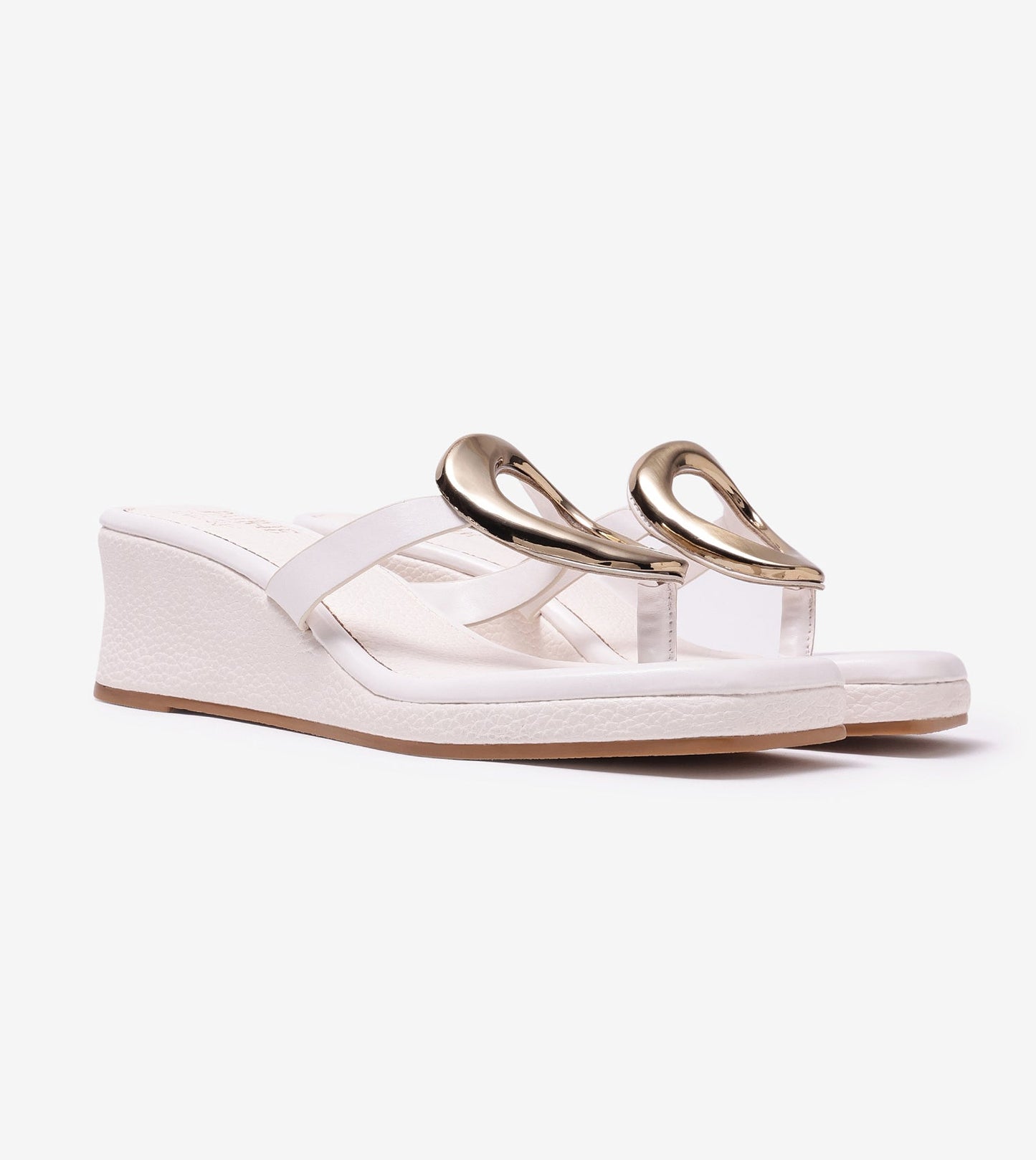 Golden Trim T-Strap Wedges - White