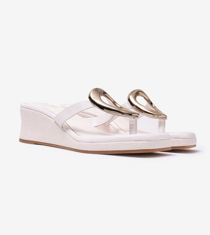 Golden Trim T-Strap Wedges - White