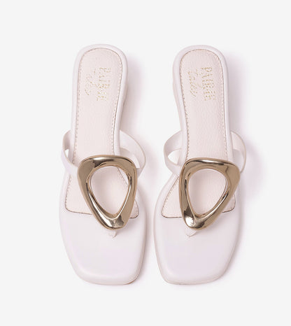 Golden Trim T-Strap Wedges - White