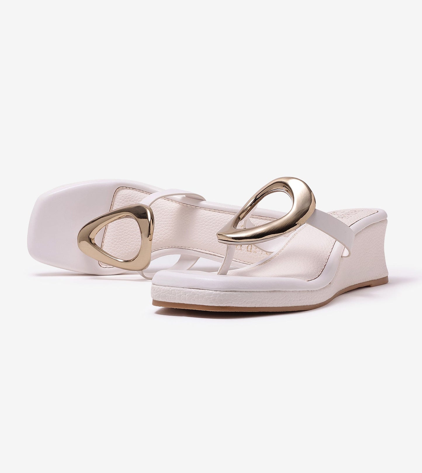Golden Trim T-Strap Wedges - White