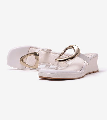 Golden Trim T-Strap Wedges - White