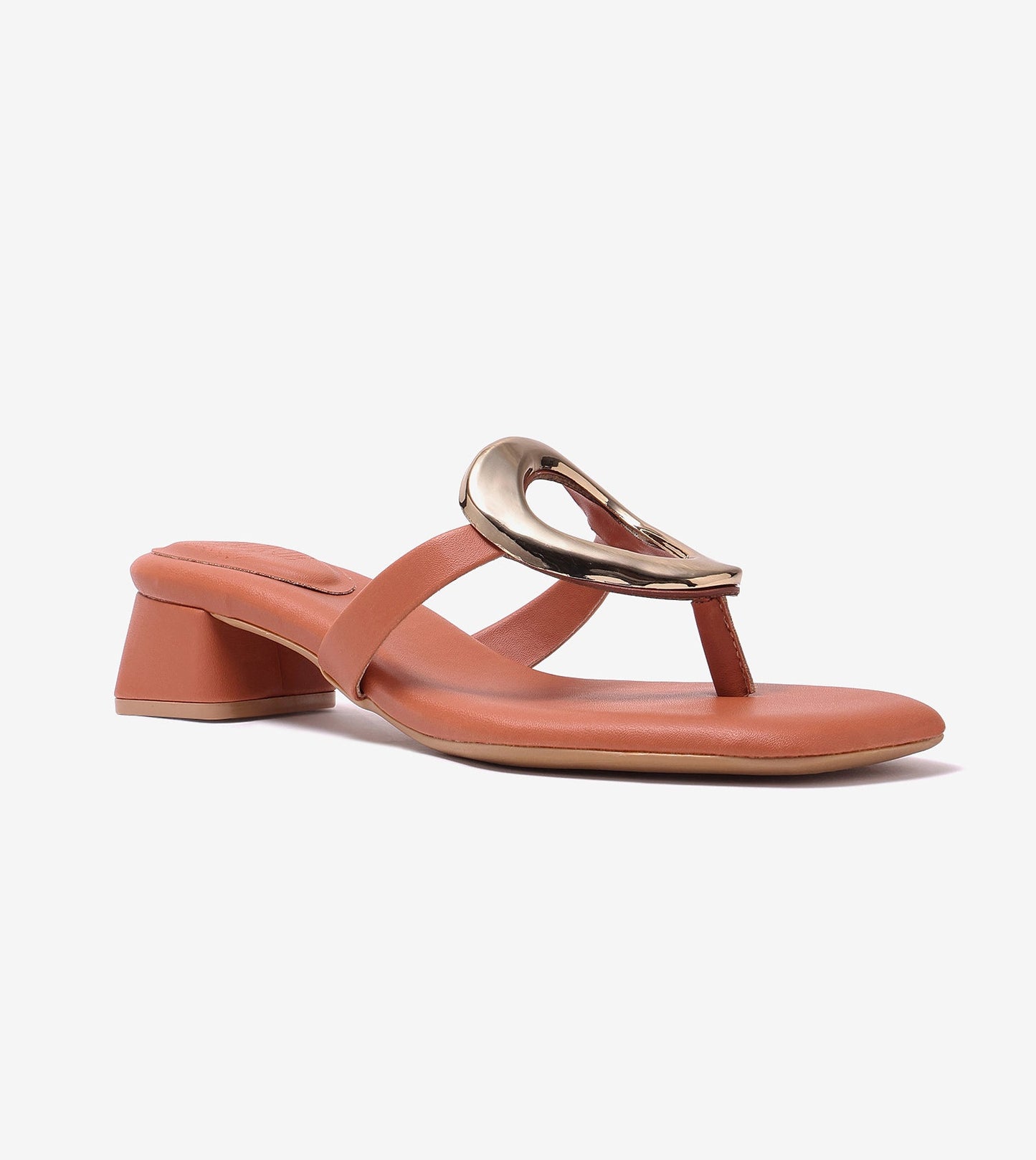 Metallic Accent T-Strap Block Heel - Tan