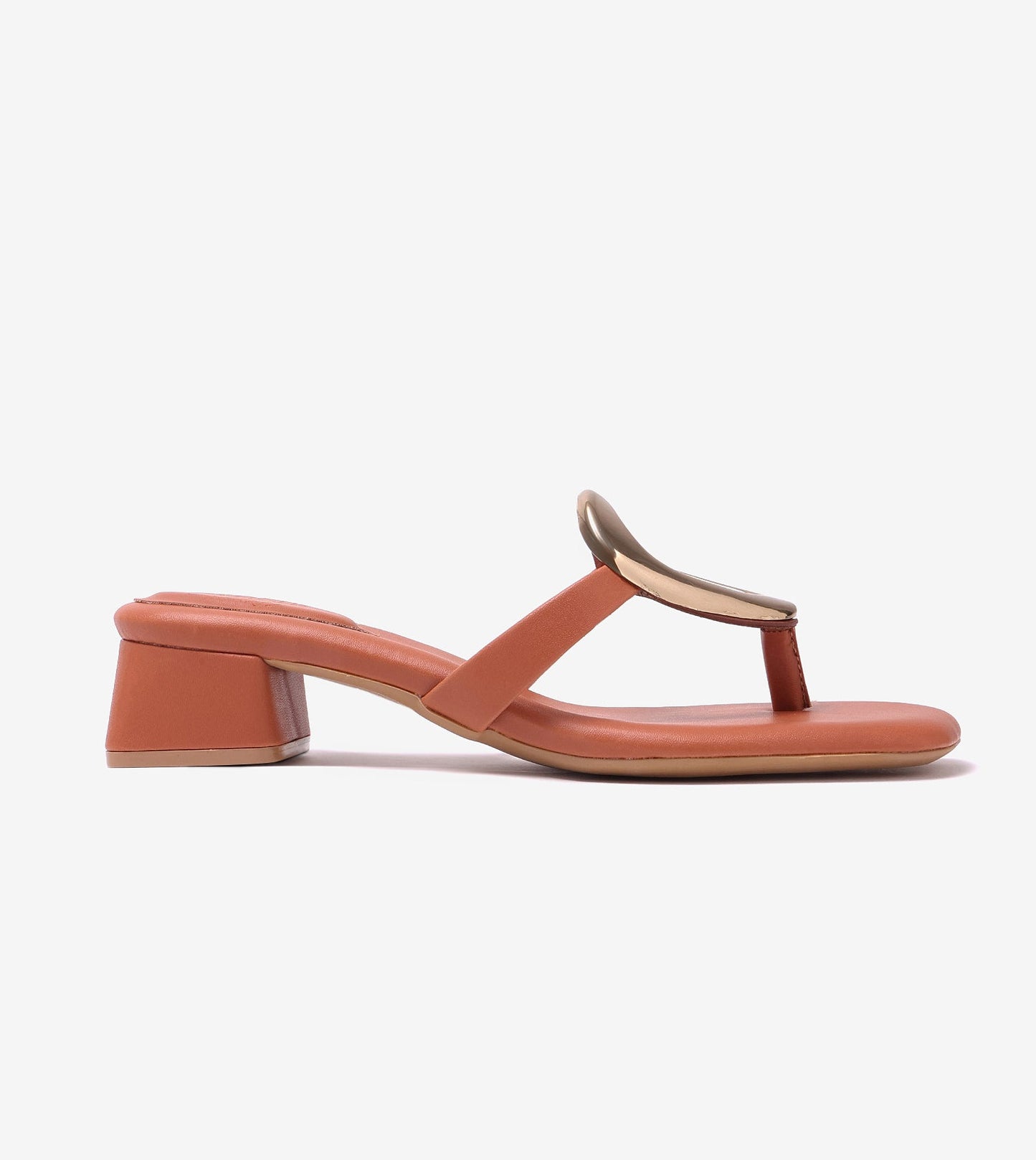 Metallic Accent T-Strap Block Heel - Tan