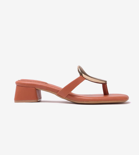 Metallic Accent T-Strap Block Heel - Tan