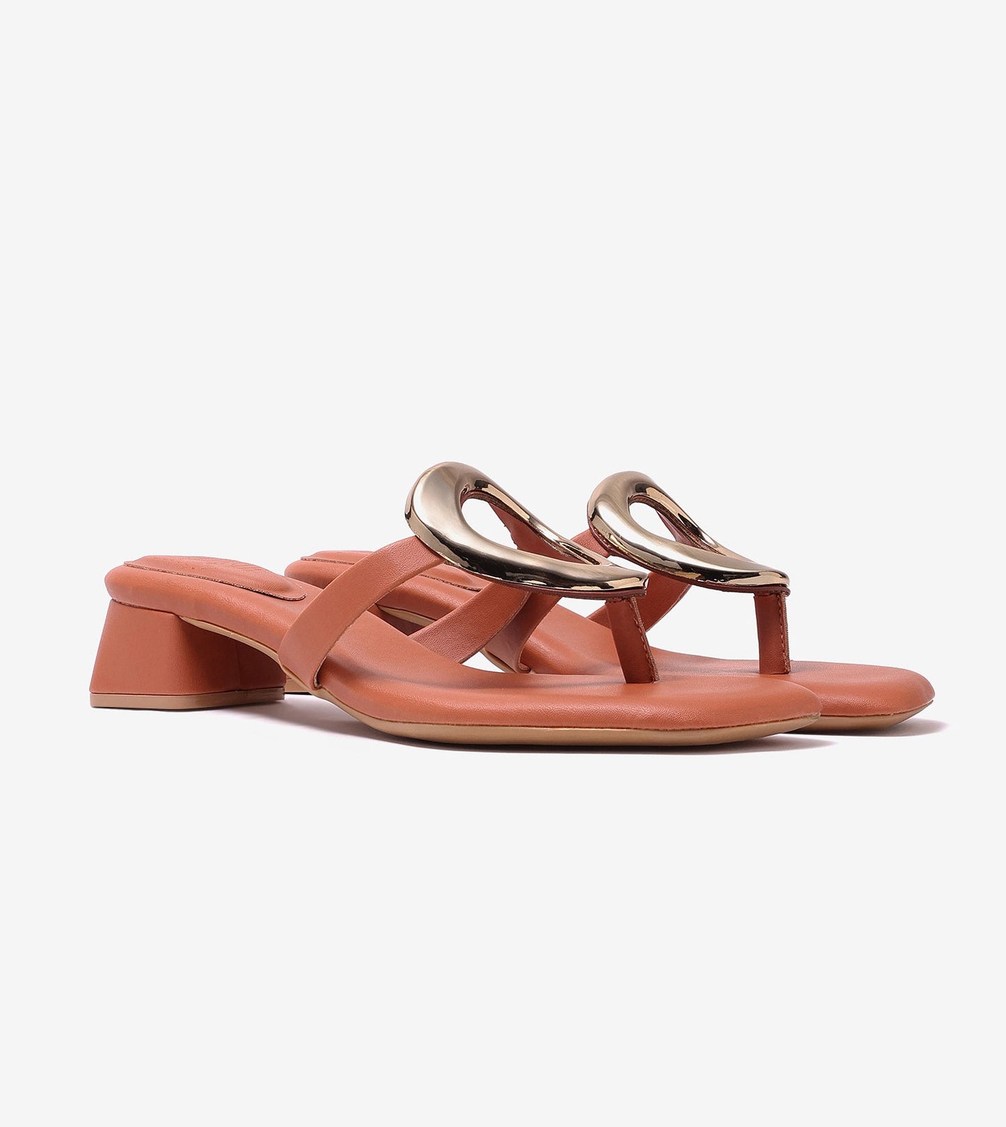 Metallic Accent T-Strap Block Heel - Tan