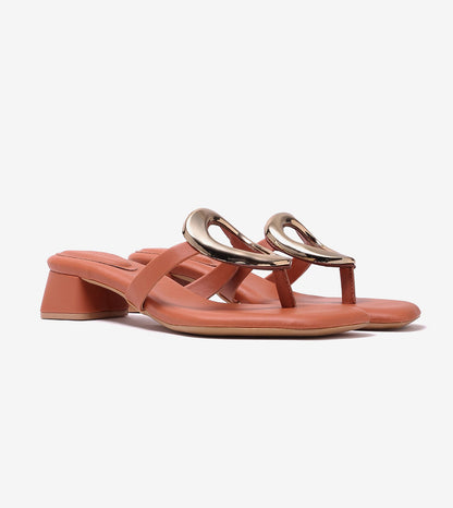 Metallic Accent T-Strap Block Heel - Tan