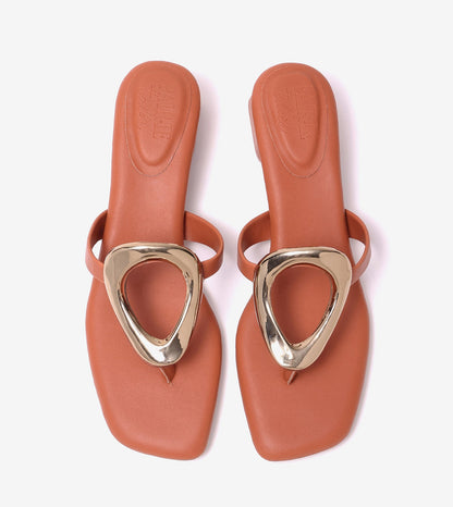 Metallic Accent T-Strap Block Heel - Tan