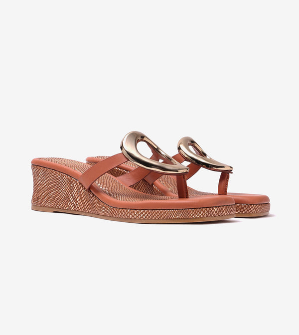 Golden Trim T-Strap Wedges - Tan