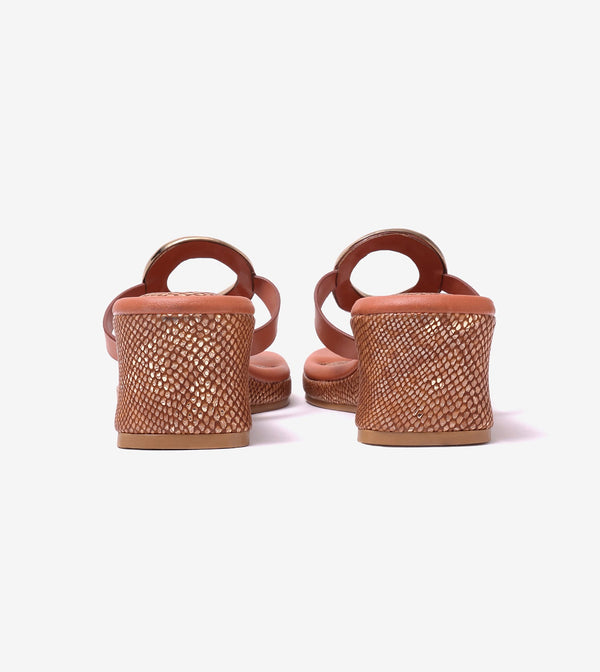 Golden Trim T-Strap Wedges - Tan